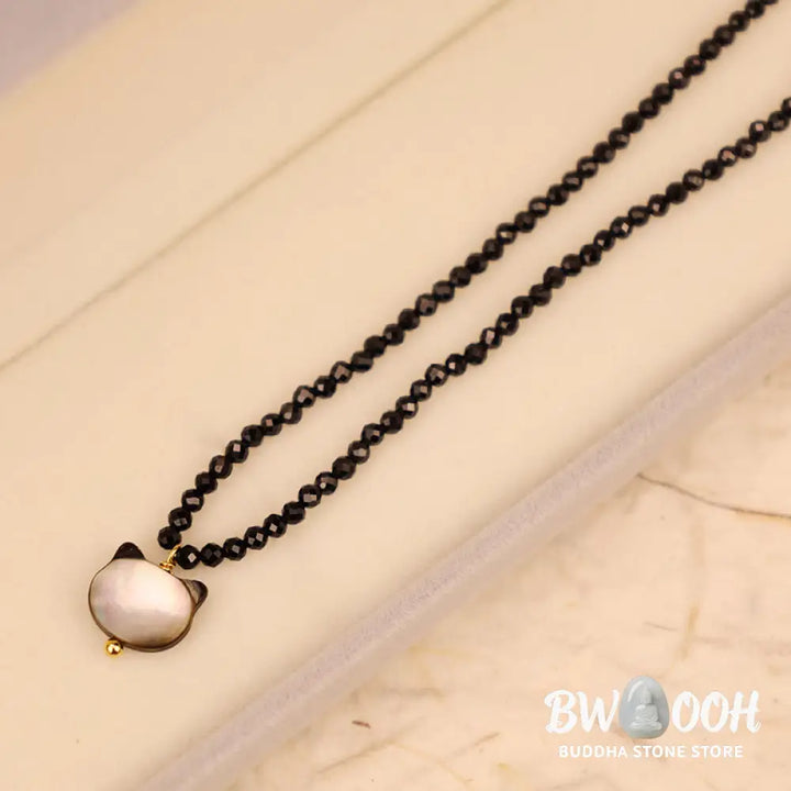 Buddha Stones Black Spinel Cute Cat Motivate Choker Necklace - BWOOOH - Black Spinel Cat Necklace(Necklace Length: