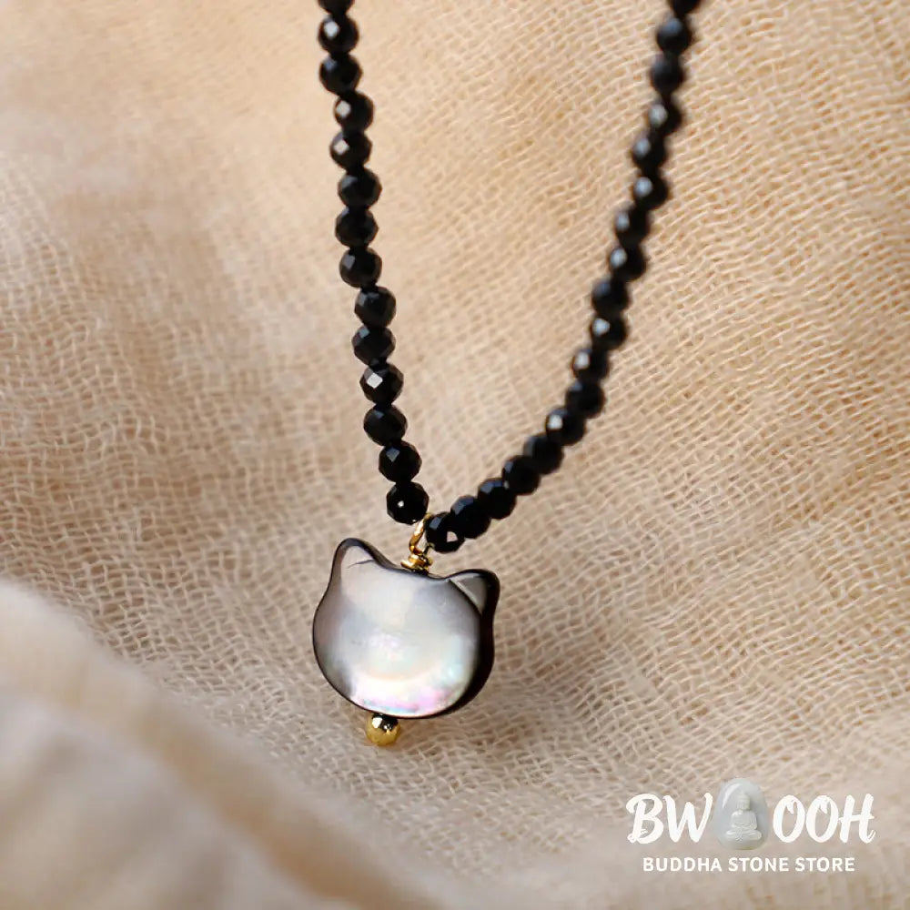 Buddha Stones Black Spinel Cute Cat Motivate Choker Necklace - BWOOOH - Black Spinel Cat Necklace(Necklace Length: