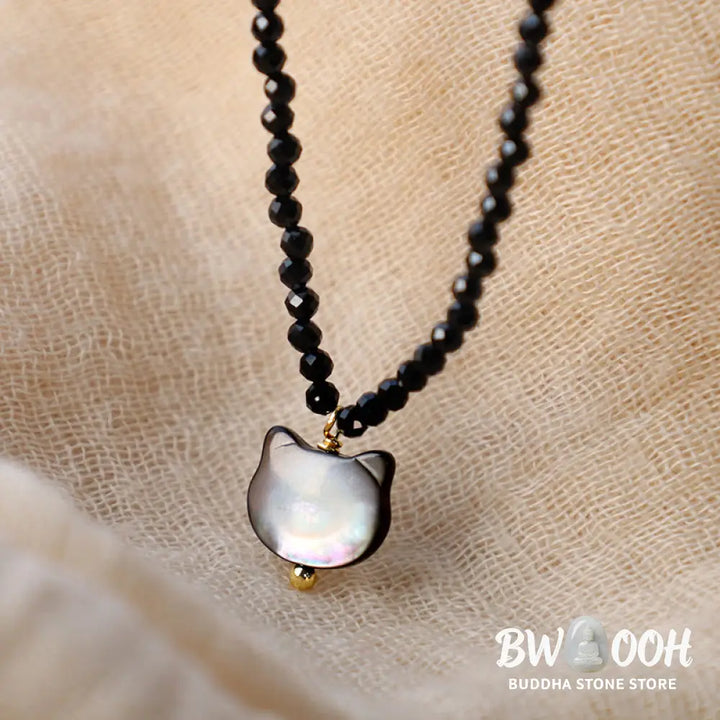 Buddha Stones Black Spinel Cute Cat Motivate Choker Necklace - BWOOOH - Black Spinel Cat Necklace(Necklace Length: