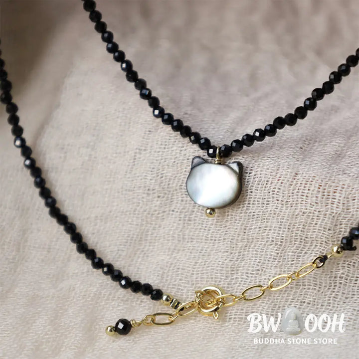 Buddha Stones Black Spinel Cute Cat Motivate Choker Necklace - BWOOOH - Black Spinel Cat Necklace(Necklace Length: