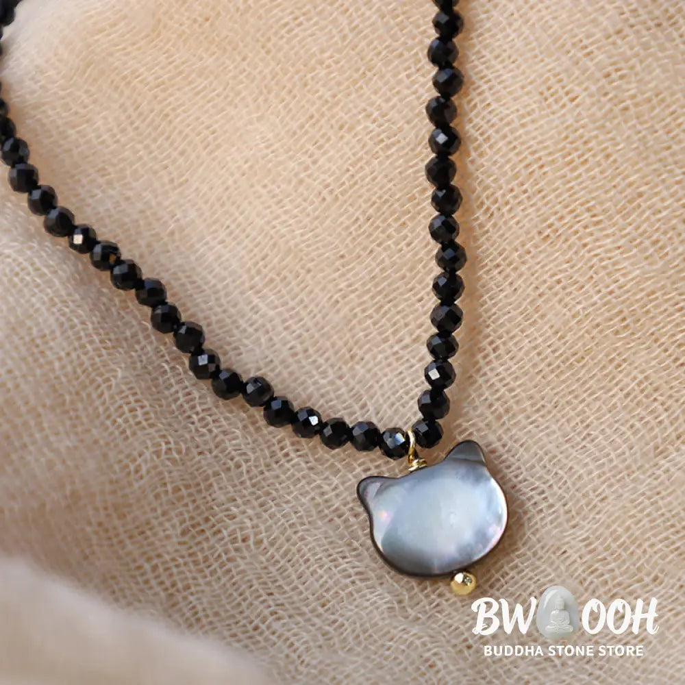 Buddha Stones Black Spinel Cute Cat Motivate Choker Necklace - BWOOOH - Black Spinel Cat Necklace(Necklace Length: