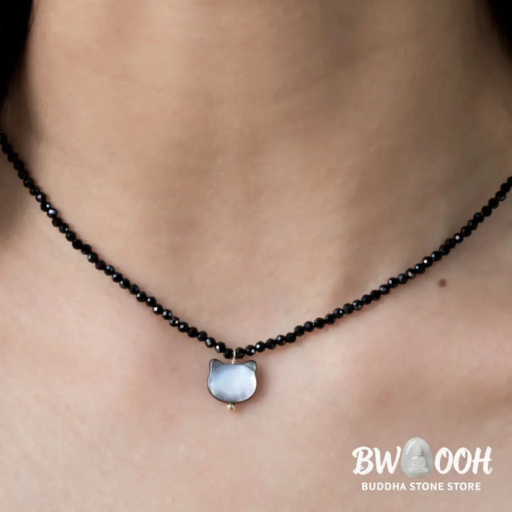 Buddha Stones Black Spinel Cute Cat Motivate Choker Necklace - BWOOOH - Black Spinel Cat Necklace(Necklace Length: