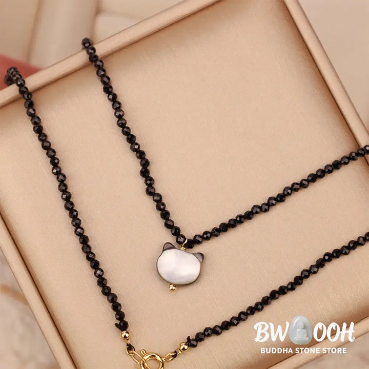 Buddha Stones Black Spinel Cute Cat Motivate Choker Necklace - BWOOOH - Black Spinel Cat Necklace(Necklace Length: