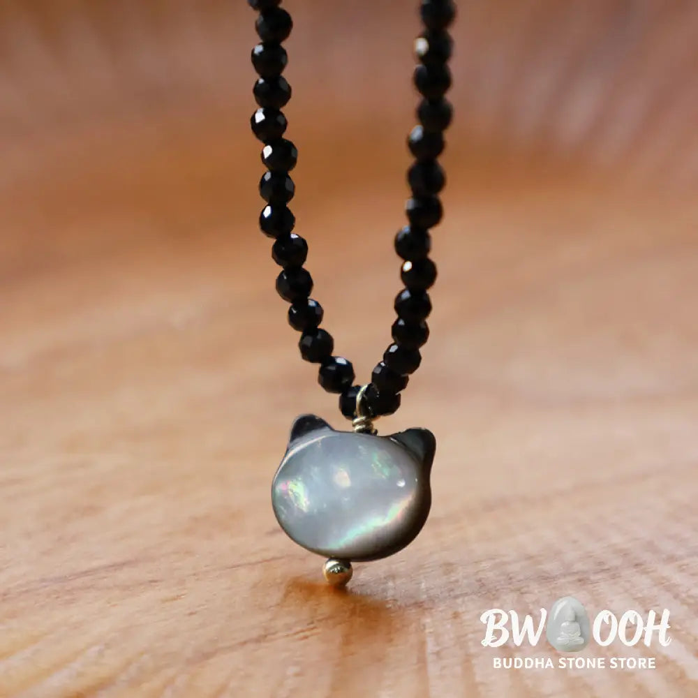 Buddha Stones Black Spinel Cute Cat Motivate Choker Necklace - BWOOOH - Black Spinel Cat Necklace(Necklace Length: