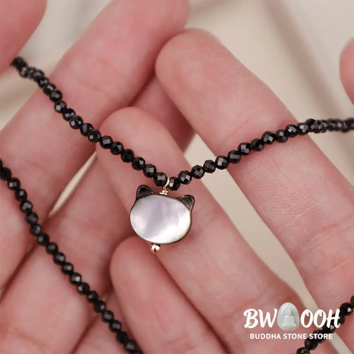 Buddha Stones Black Spinel Cute Cat Motivate Choker Necklace - BWOOOH - Black Spinel Cat Necklace(Necklace Length: