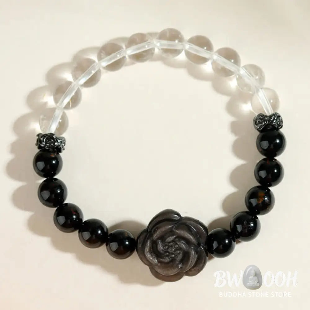 Buddha Stones Black Tourmaline Clear Quartz Carved Rose Flower Design Focus Bracelet - Black Tourmaline(Wrist