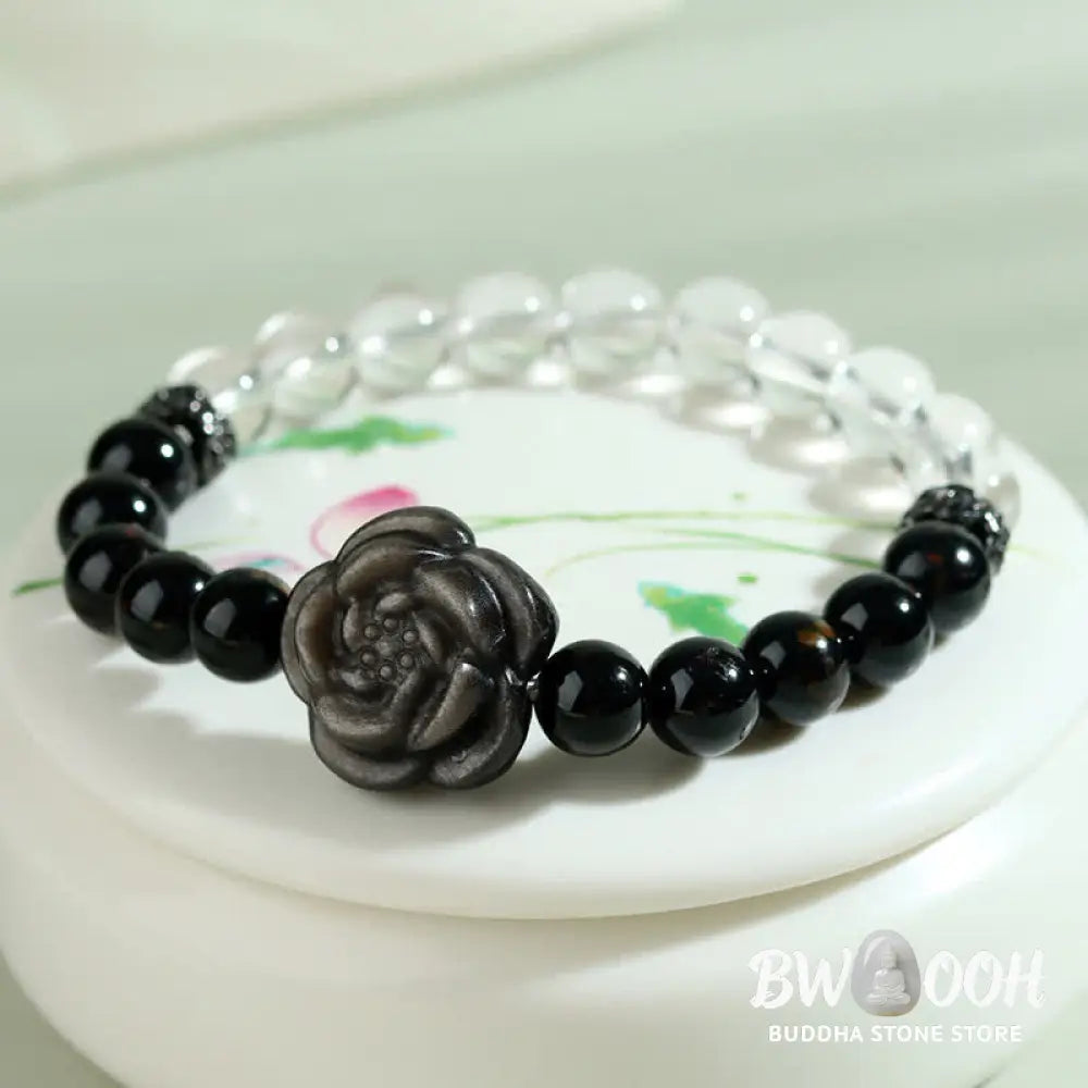 Buddha Stones Black Tourmaline Clear Quartz Carved Rose Flower Design Focus Bracelet - Black Tourmaline(Wrist
