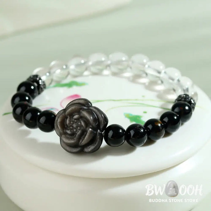 Buddha Stones Black Tourmaline Clear Quartz Carved Rose Flower Design Focus Bracelet - Black Tourmaline(Wrist