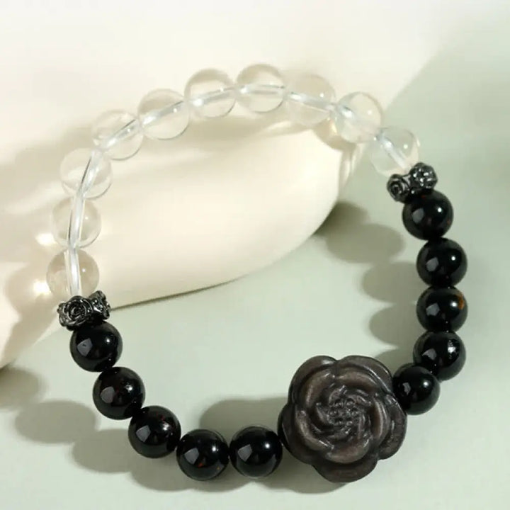 Buddha Stones Black Tourmaline Clear Quartz Carved Rose Flower Design Focus Bracelet - Black Tourmaline(Wrist