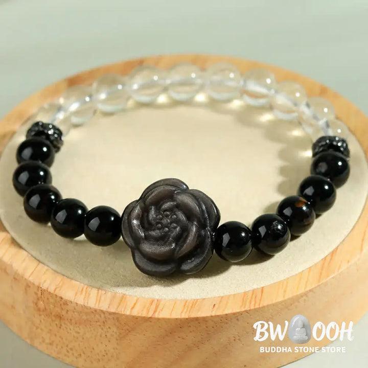 Buddha Stones Black Tourmaline Clear Quartz Carved Rose Flower Design Focus Bracelet - Black Tourmaline(Wrist