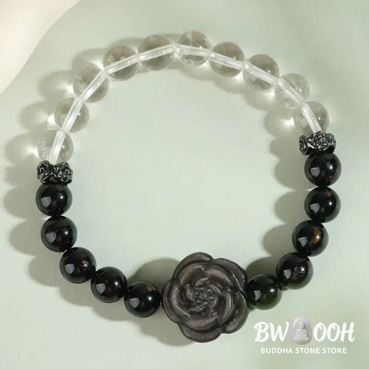 Buddha Stones Black Tourmaline Clear Quartz Carved Rose Flower Design Focus Bracelet - Black Tourmaline(Wrist
