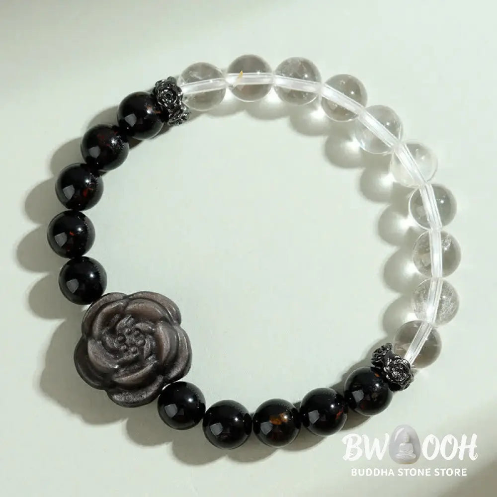 Buddha Stones Black Tourmaline Clear Quartz Carved Rose Flower Design Focus Bracelet - Black Tourmaline(Wrist