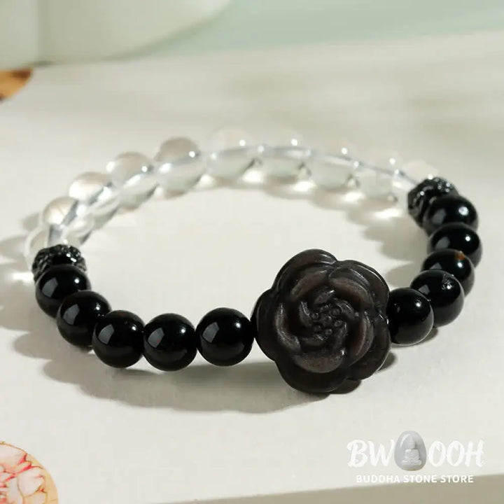 Buddha Stones Black Tourmaline Clear Quartz Carved Rose Flower Design Focus Bracelet - Black Tourmaline(Wrist