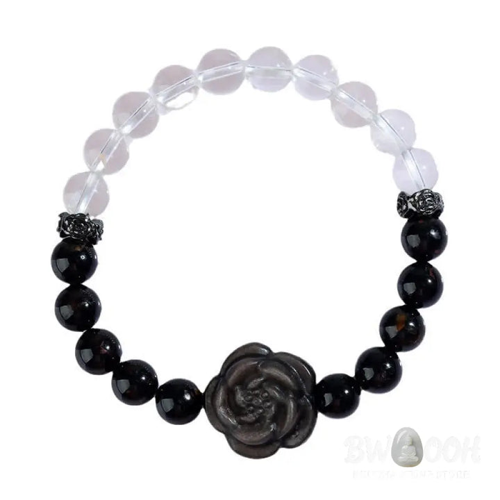 Buddha Stones Black Tourmaline Clear Quartz Carved Rose Flower Design Focus Bracelet - Black Tourmaline(Wrist