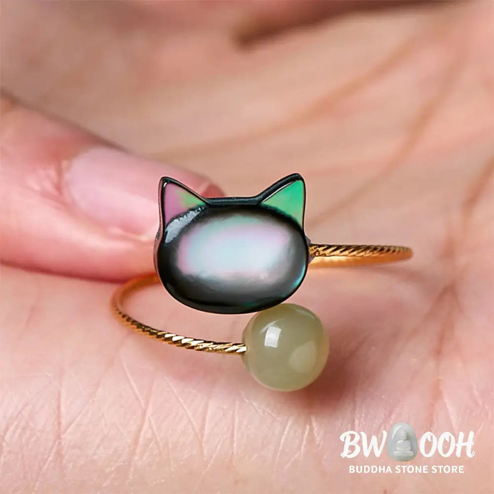 Buddha Stones Black Tridacna Stone Cat Jade Blessing Adjustable Ring - Adjustable - Ring