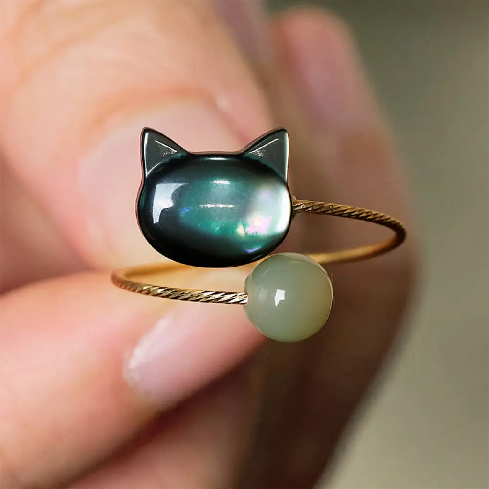 BWOOOH Black Tridacna Stone Cat Jade Blessing Adjustable Ring — Jade jade bracelet for spiritual healing and mindful living