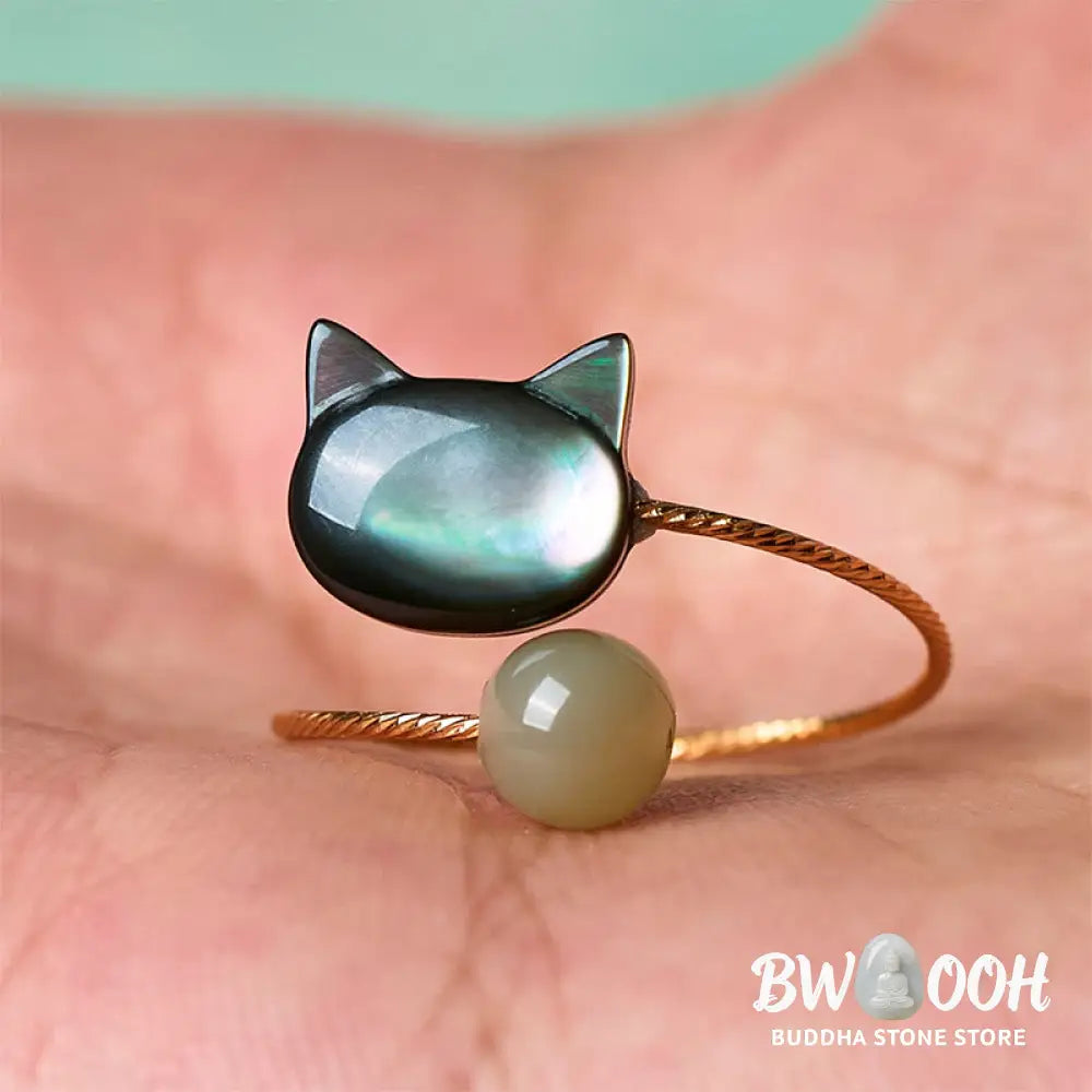Buddha Stones Black Tridacna Stone Cat Jade Blessing Adjustable Ring - Adjustable - Ring