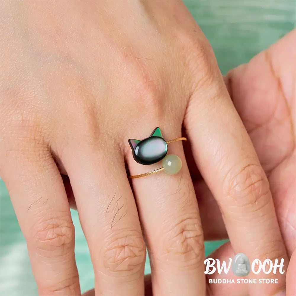 Buddha Stones Black Tridacna Stone Cat Jade Blessing Adjustable Ring - Adjustable - Ring