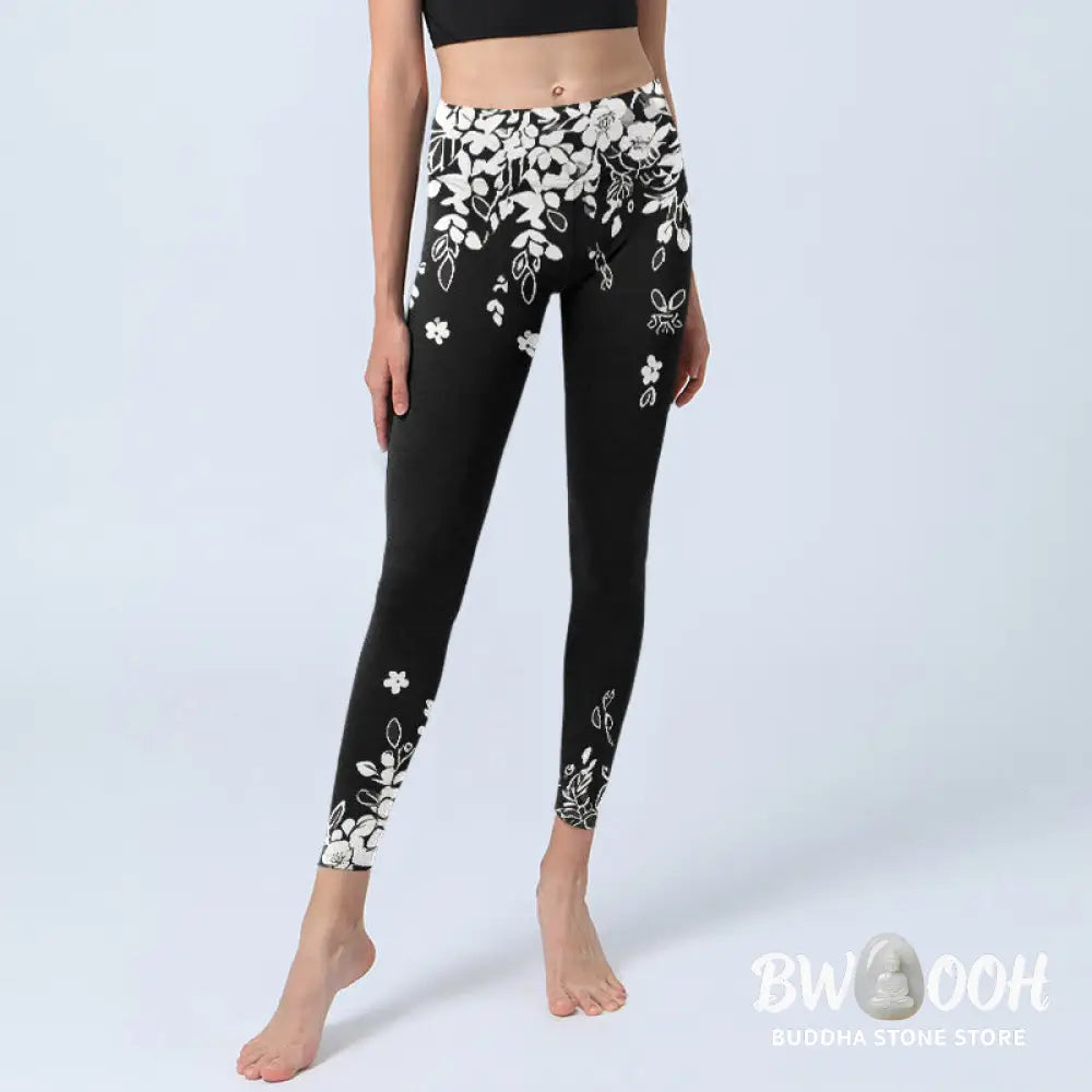 Buddha Stones Black White Contrast Flower Pattern Print Gym Leggings Women&