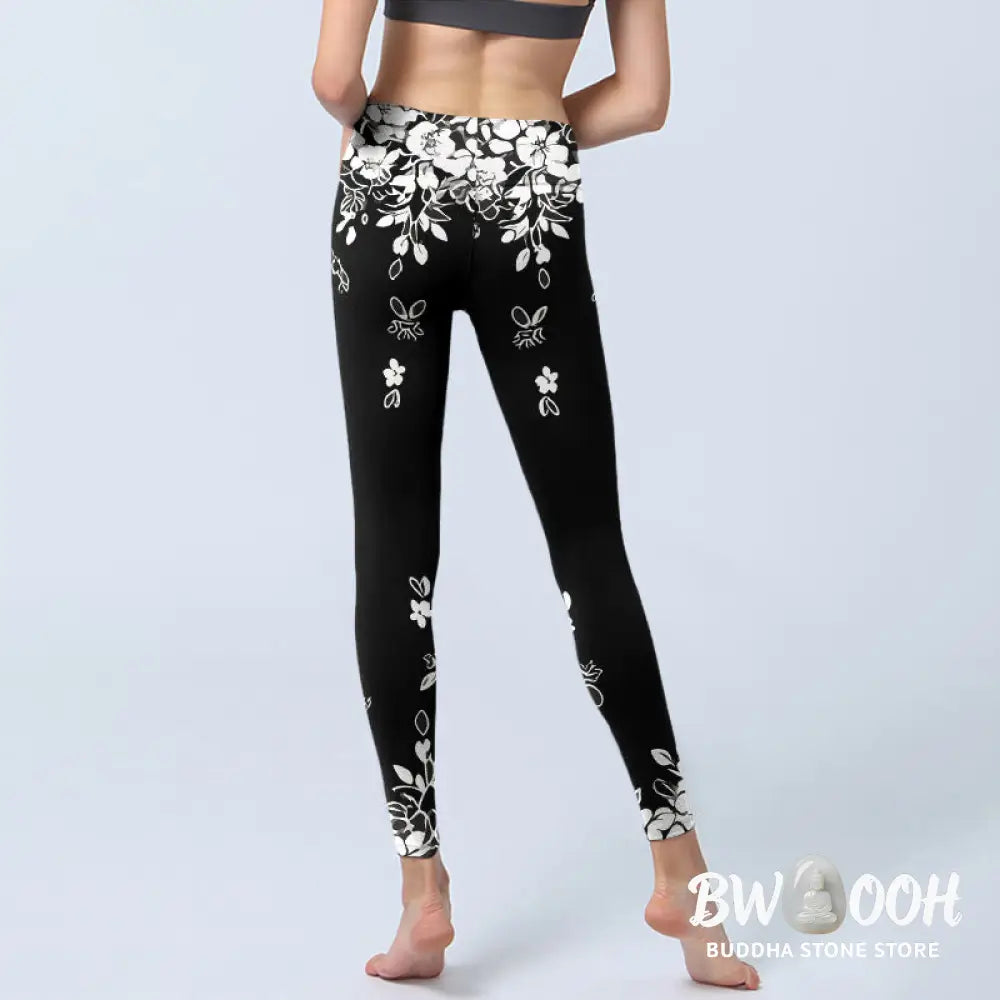 Buddha Stones Black White Contrast Flower Pattern Print Gym Leggings Women&