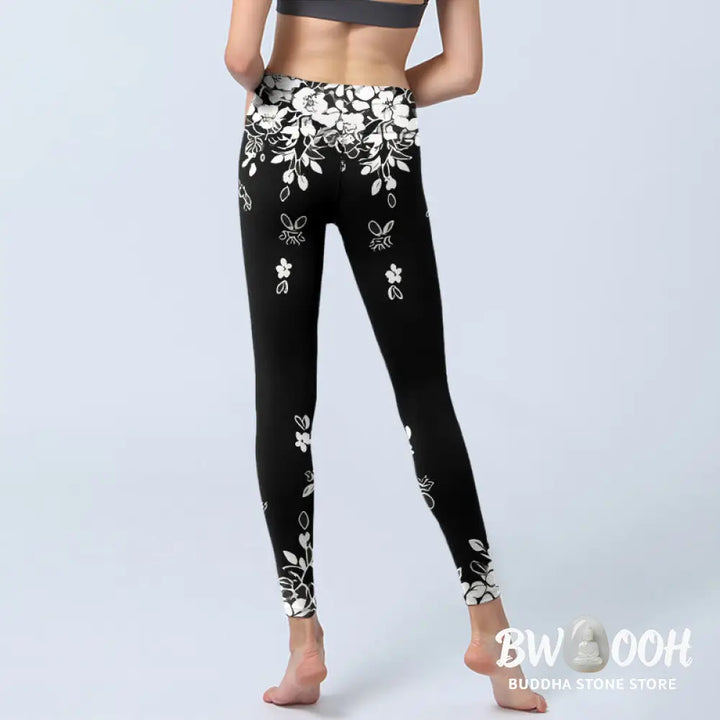 Buddha Stones Black White Contrast Flower Pattern Print Gym Leggings Women&