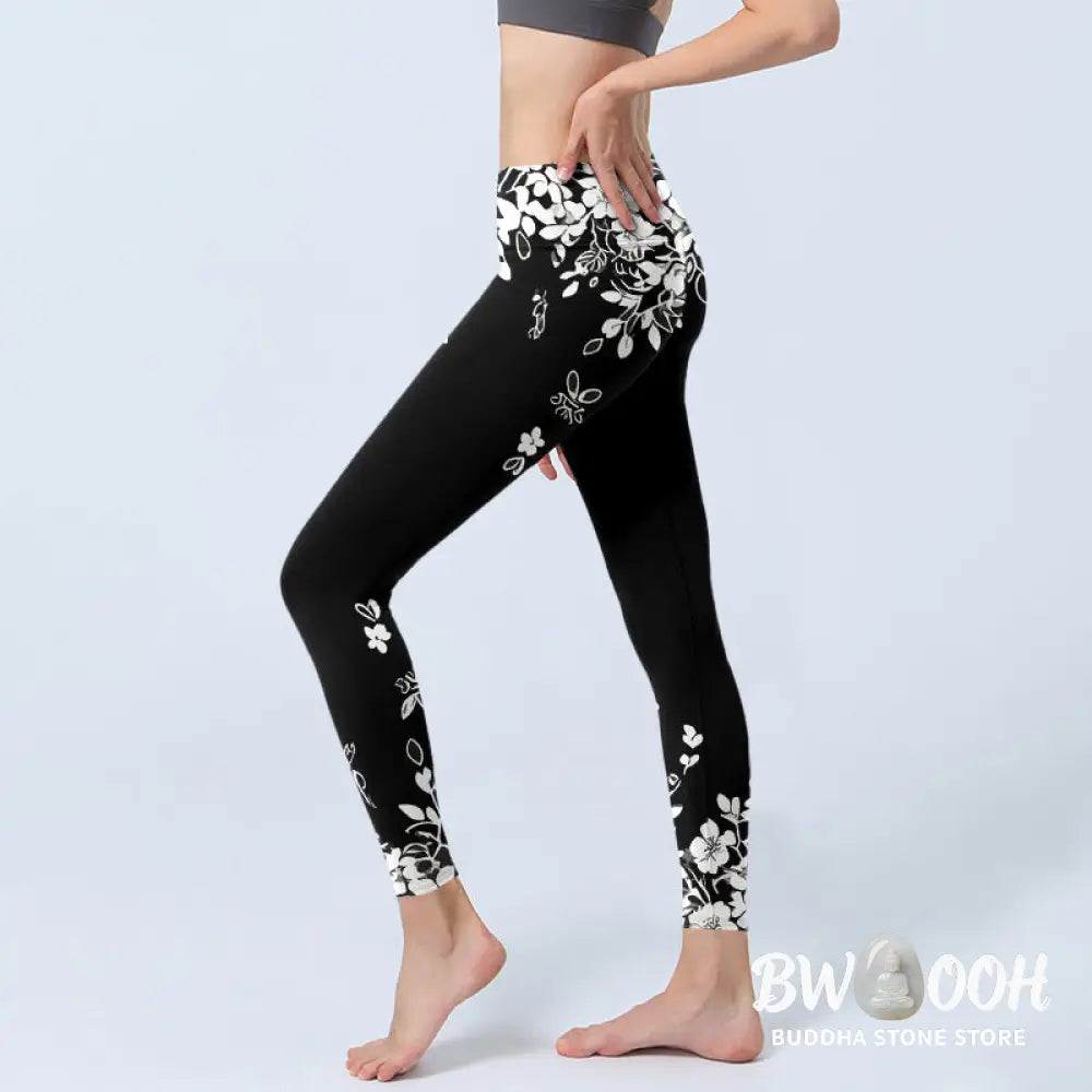 Buddha Stones Black White Contrast Flower Pattern Print Gym Leggings Women&