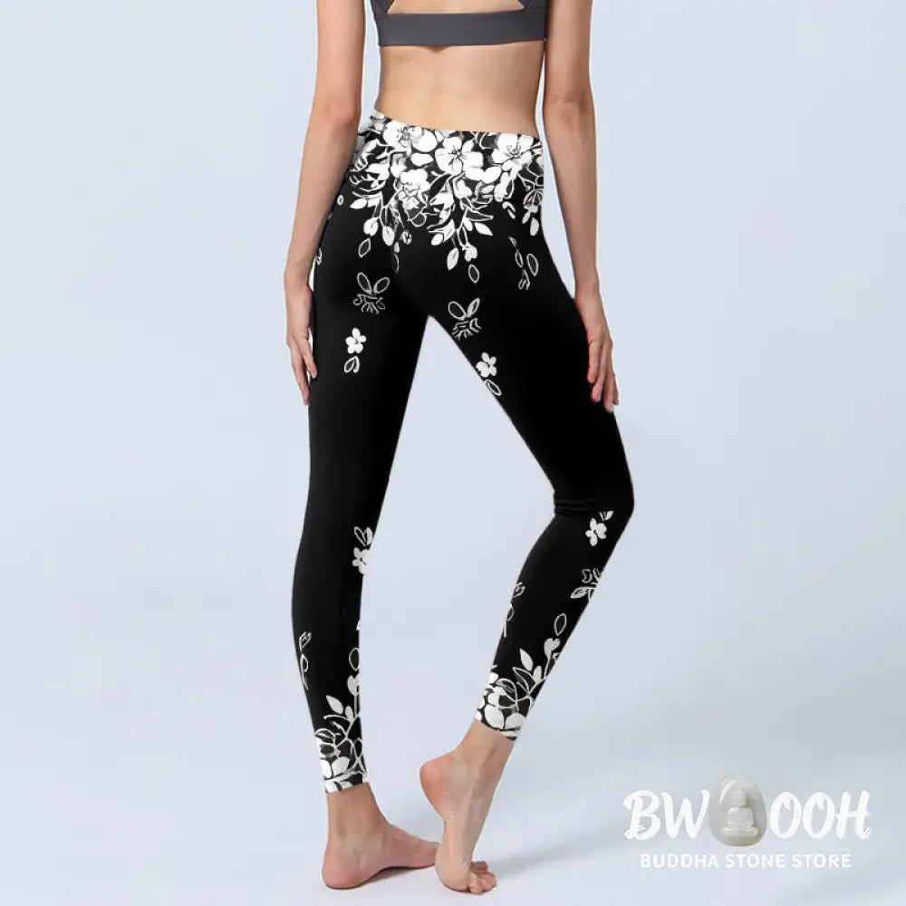 Buddha Stones Black White Contrast Flower Pattern Print Gym Leggings Women&