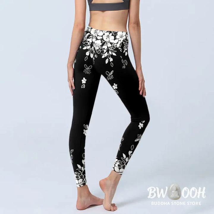 Buddha Stones Black White Contrast Flower Pattern Print Gym Leggings Women&