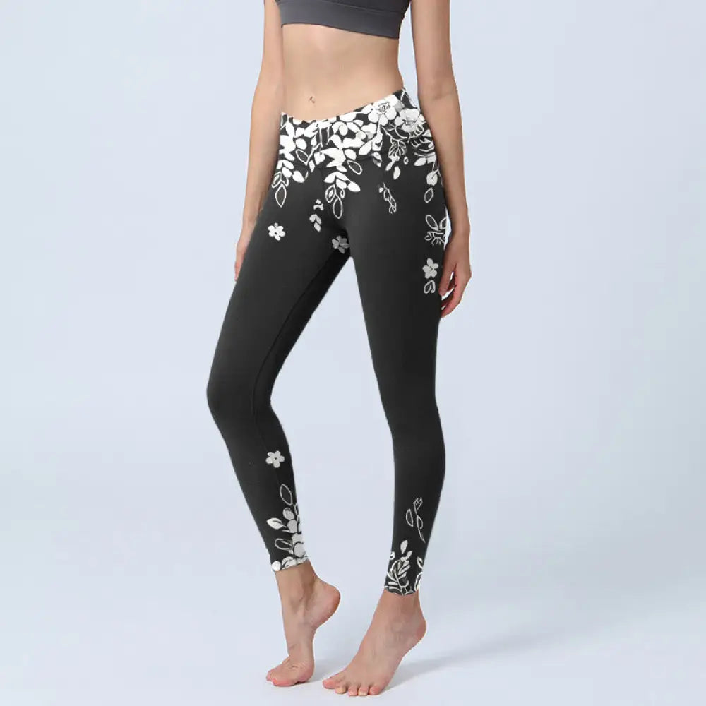 BWOOOH printed yoga leggings - Black White Contrast Flower Pattern Prin