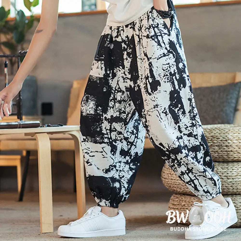 Buddha Stones Black White Ink Design Cotton Linen Drawstring Men’s Harem Pants With Pockets - Men’s Harem Pants