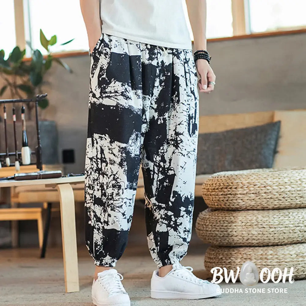 Buddha Stones Black White Ink Design Cotton Linen Drawstring Men’s Harem Pants With Pockets - Men’s Harem Pants