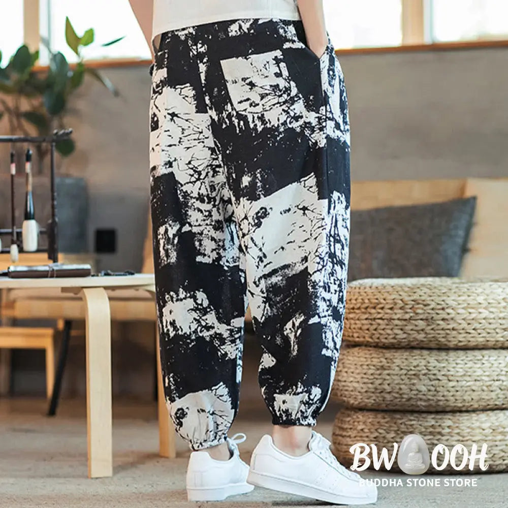 Buddha Stones Black White Ink Design Cotton Linen Drawstring Men’s Harem Pants With Pockets - Men’s Harem Pants