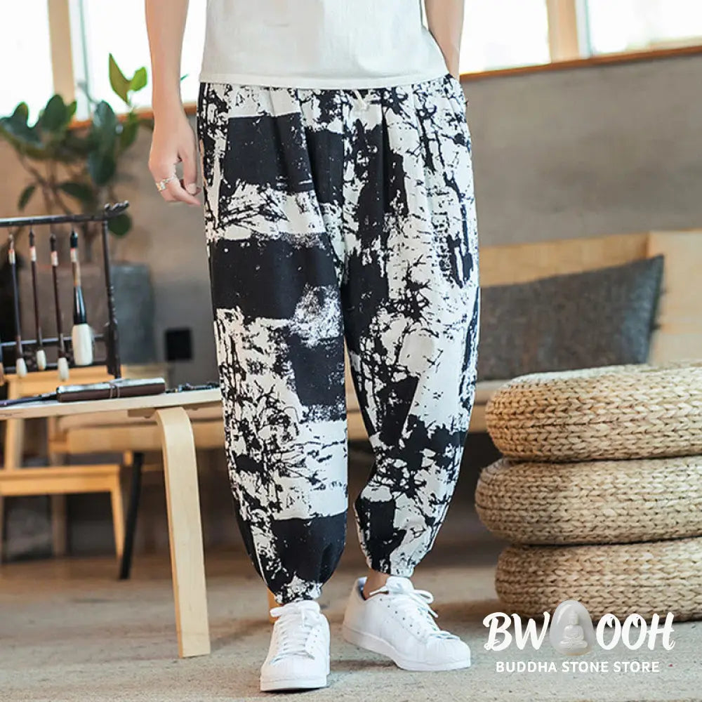 Buddha Stones Black White Ink Design Cotton Linen Drawstring Men’s Harem Pants With Pockets - Men’s Harem Pants