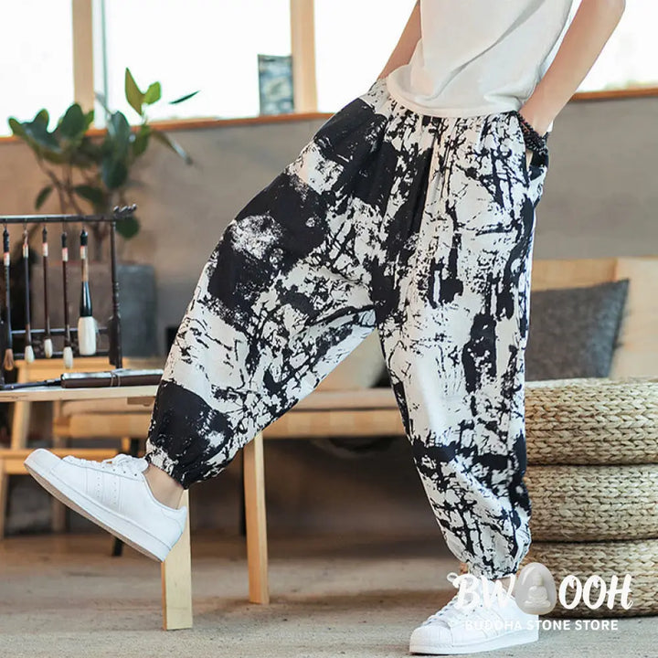 Buddha Stones Black White Ink Design Cotton Linen Drawstring Men’s Harem Pants With Pockets - Men’s Harem Pants