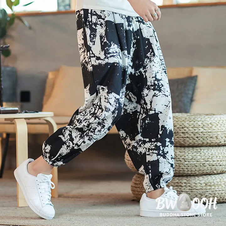 Buddha Stones Black White Ink Design Cotton Linen Drawstring Men’s Harem Pants With Pockets - Men’s Harem Pants