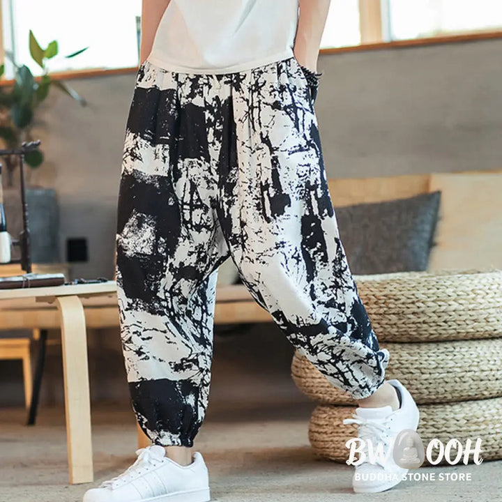 Buddha Stones Black White Ink Design Cotton Linen Drawstring Men’s Harem Pants With Pockets - Men’s Harem Pants