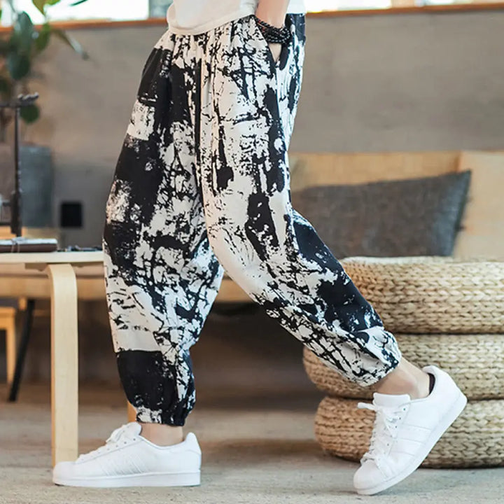 BWOOOH printed harem pants - Black White Ink Design Cotton Linen Draw