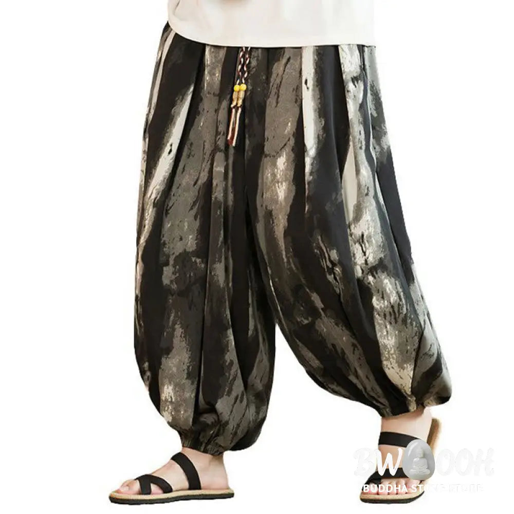 Buddha Stones Black White Ink Gradient Cotton Linen Braided Drawstring Men’s Harem Pants With Pockets - Men’s Harem