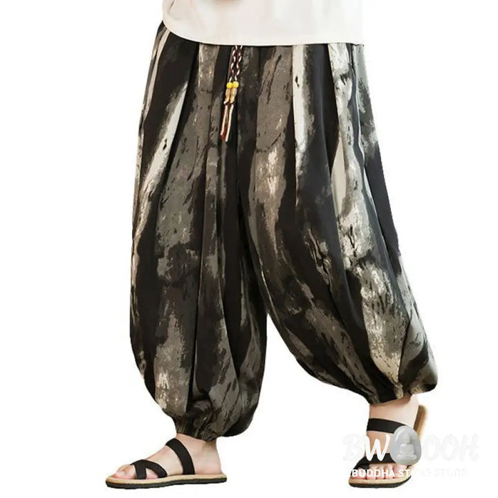 Buddha Stones Black White Ink Gradient Cotton Linen Braided Drawstring Men’s Harem Pants With Pockets - Men’s Harem