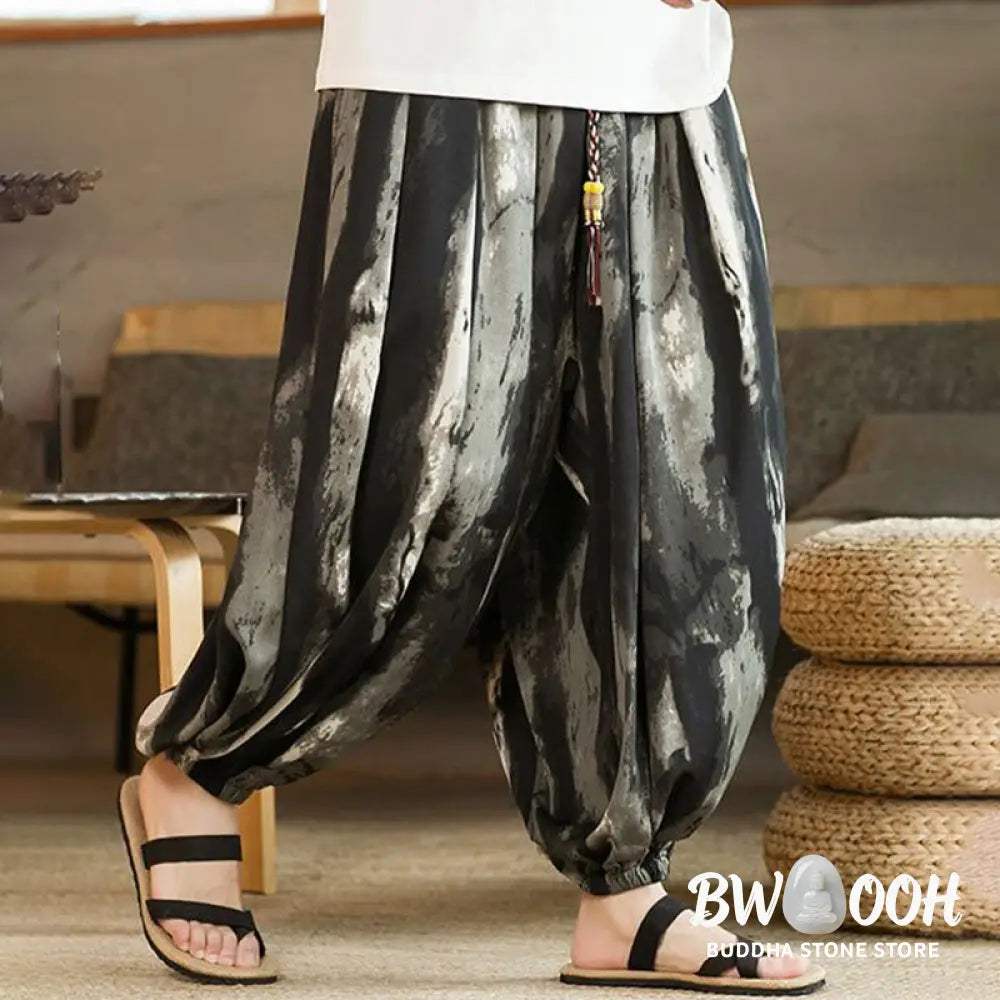 Buddha Stones Black White Ink Gradient Cotton Linen Braided Drawstring Men’s Harem Pants With Pockets - Men’s Harem
