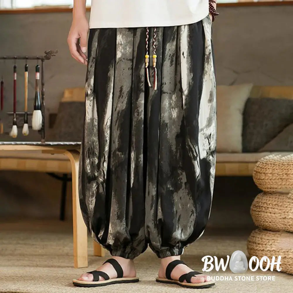 Buddha Stones Black White Ink Gradient Cotton Linen Braided Drawstring Men’s Harem Pants With Pockets - Men’s Harem