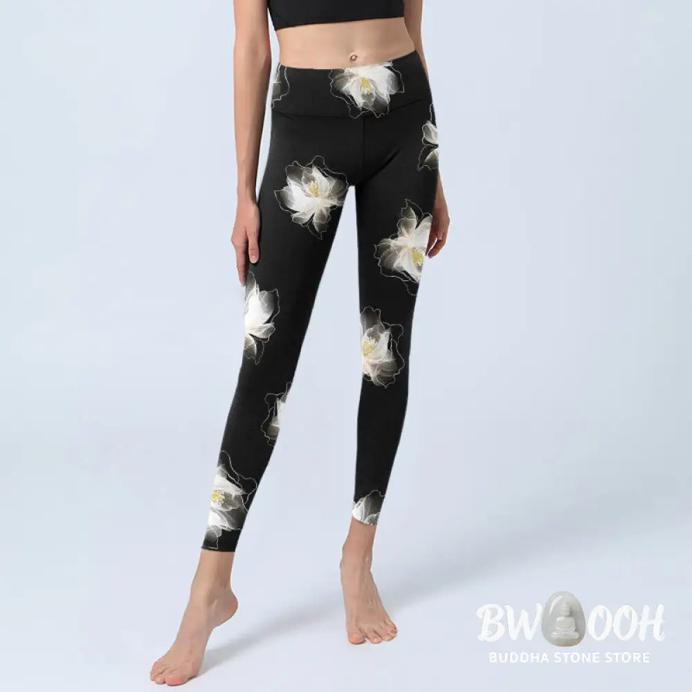 BWOOOH lotus print yoga leggings - Black White Lotus Petals Pattern Print G