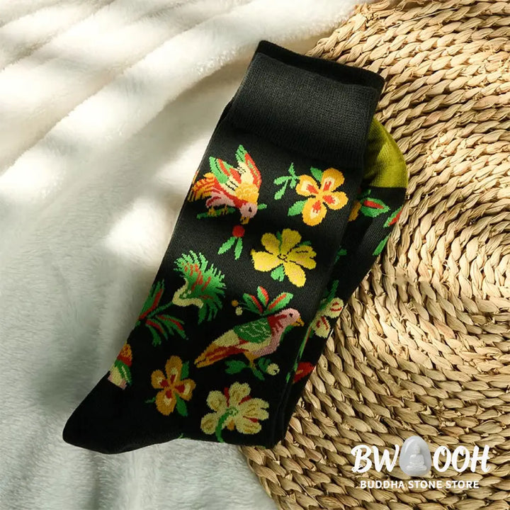 Buddha Stones Blooming Flower Bird Pattern Men Women Unisex Cotton Crew Socks - Flower Bird / One Size Fits Most