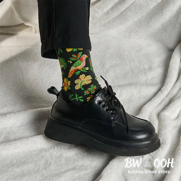 Buddha Stones Blooming Flower Bird Pattern Men Women Unisex Cotton Crew Socks - Flower Bird / One Size Fits Most