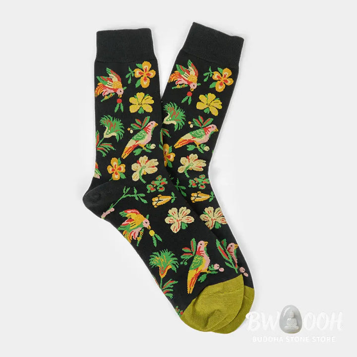 Buddha Stones Blooming Flower Bird Pattern Men Women Unisex Cotton Crew Socks - Flower Bird / One Size Fits Most