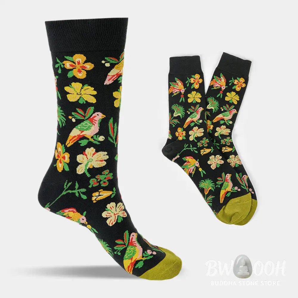 Buddha Stones Blooming Flower Bird Pattern Men Women Unisex Cotton Crew Socks - Flower Bird / One Size Fits Most