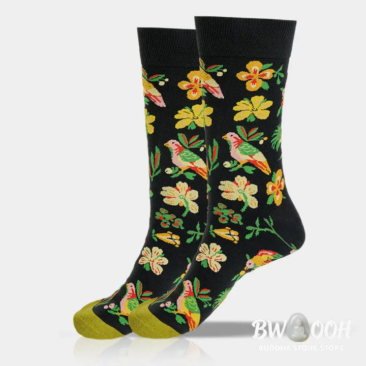 Buddha Stones Blooming Flower Bird Pattern Men Women Unisex Cotton Crew Socks - Flower Bird / One Size Fits Most