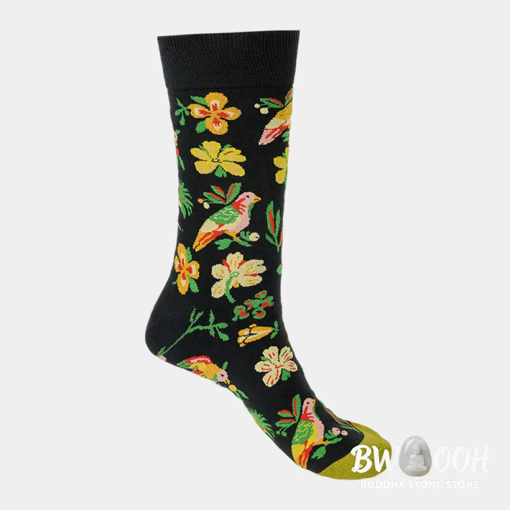 Buddha Stones Blooming Flower Bird Pattern Men Women Unisex Cotton Crew Socks - Flower Bird / One Size Fits Most