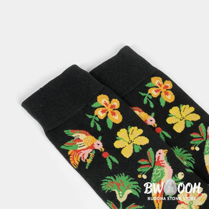Buddha Stones Blooming Flower Bird Pattern Men Women Unisex Cotton Crew Socks - Flower Bird / One Size Fits Most