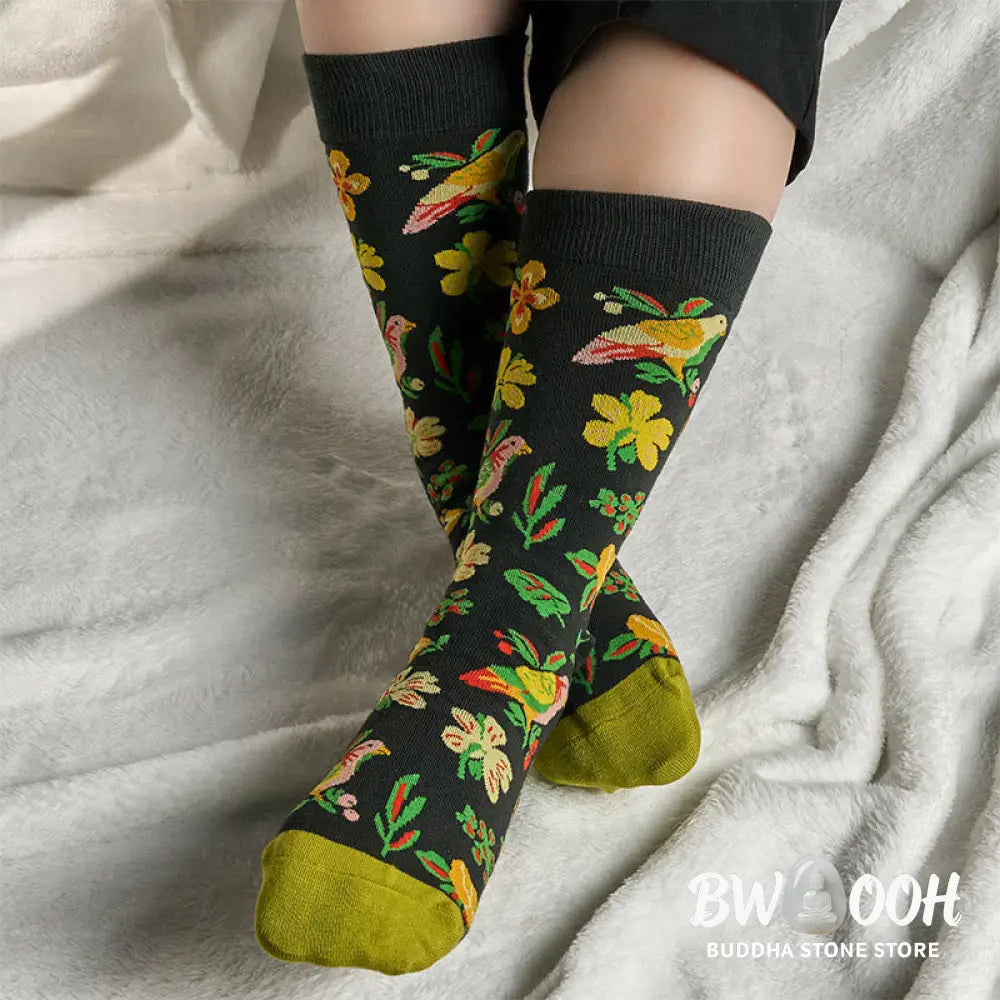 Buddha Stones Blooming Flower Bird Pattern Men Women Unisex Cotton Crew Socks - Flower Bird / One Size Fits Most